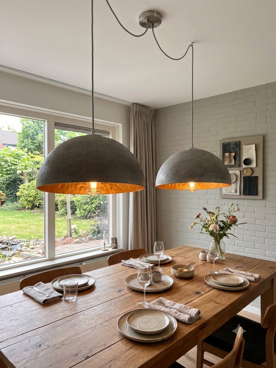 Set van 2 industriële hanglampen, grijs met goud, Ophalen, Zo goed als nieuw, Metaal, 75 cm of meer