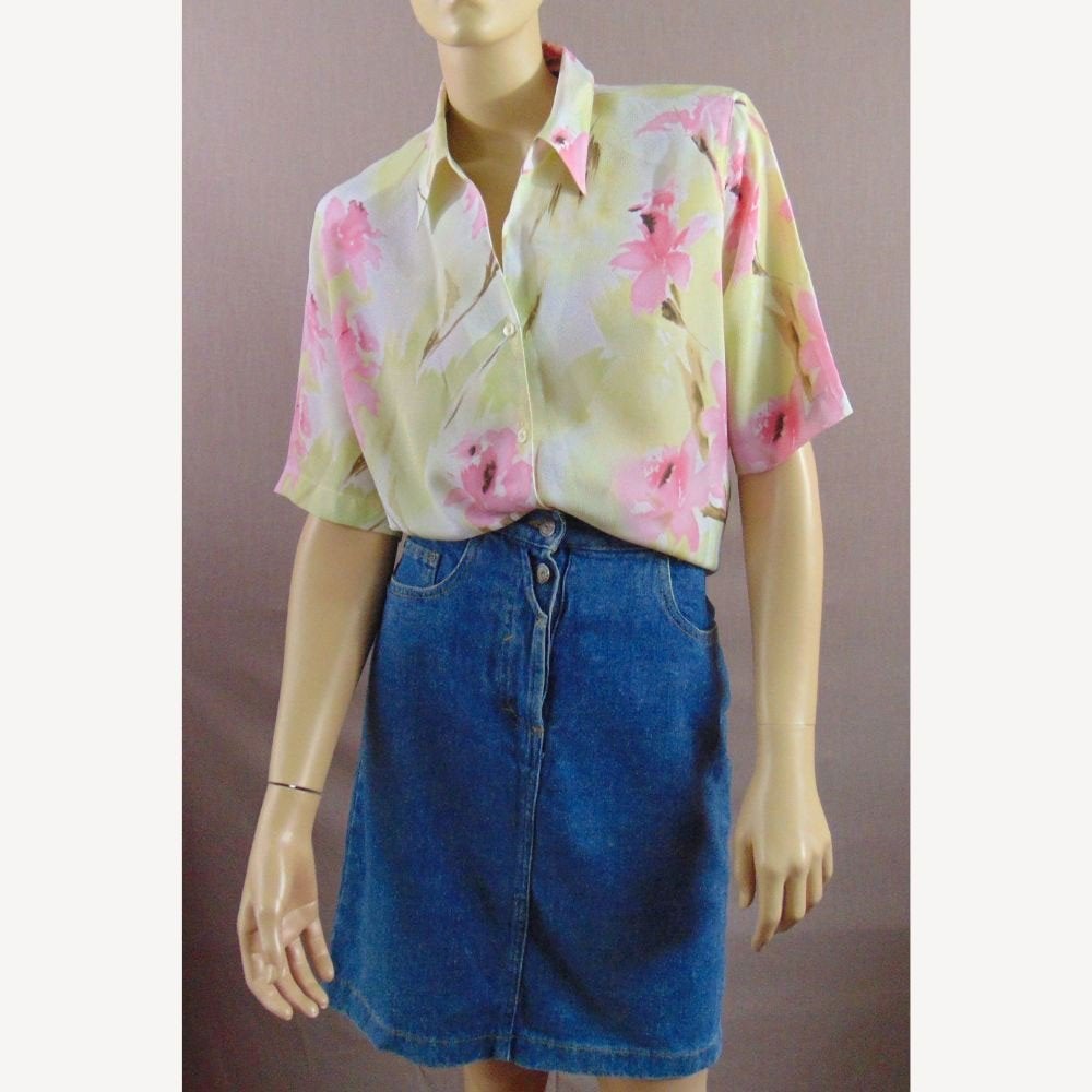 Vintage licht groene blouse met bloemenprint maat 42, Verzenden, Maat 42/44 (L), Zo goed als nieuw, Vintage