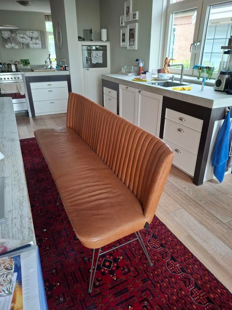 Cognac kleurig eetkamer- of patiobankje, Huis en Inrichting, Ophalen, Gebruikt, Minder dan 75 cm, Leer