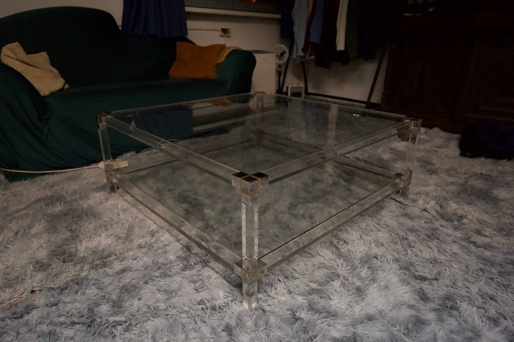 Vintage salontafel acryl/lucite, chroom & glas 100x100 cm, Huis en Inrichting, Gebruikt, Vierkant, Glas, 5 – 50