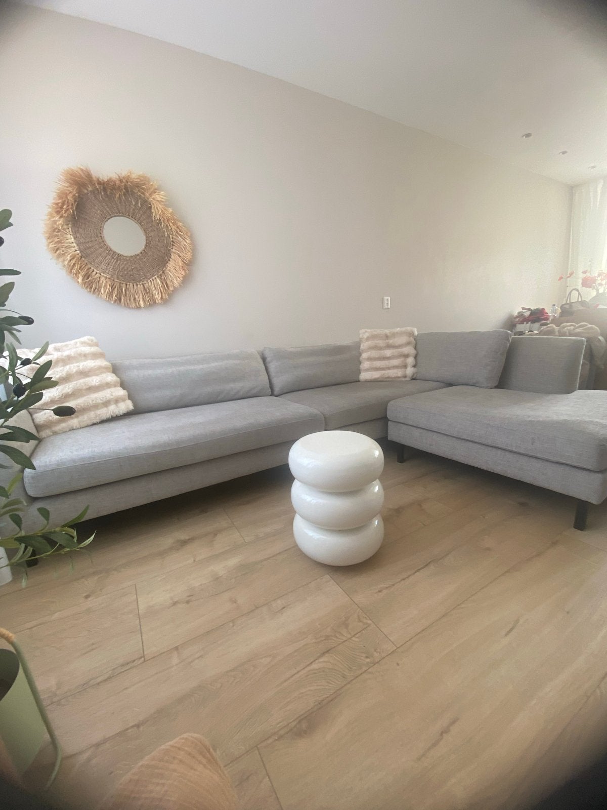 Grijze hoekbank van Woood, Huis en Inrichting, Banken | Bankstellen, Ophalen, 250 tot 300 cm, Gebruikt, 100 tot 125 cm