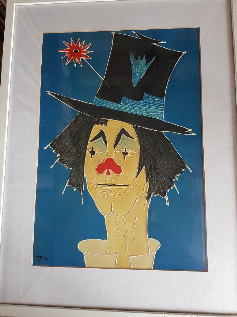Ingelijst schilderij van een clown met hoge hoed, Ingelijst, Figuren, Ophalen of Verzenden, Gemengde techniek