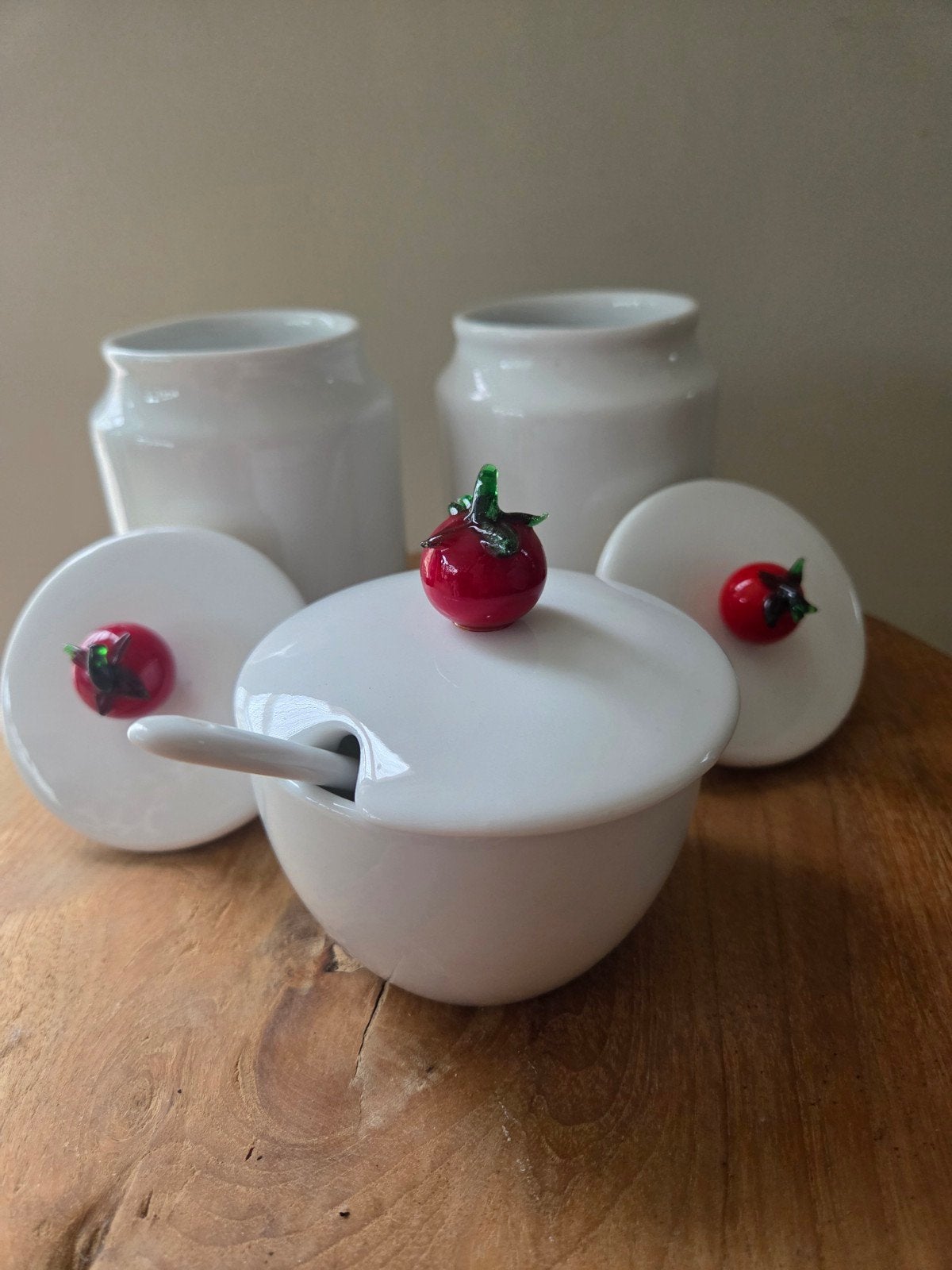 Vintage Dake en Zn vooraaadpot en suikerpot met tomaat, Ophalen of Verzenden, Zo goed als nieuw, Glas, Overige stijlen