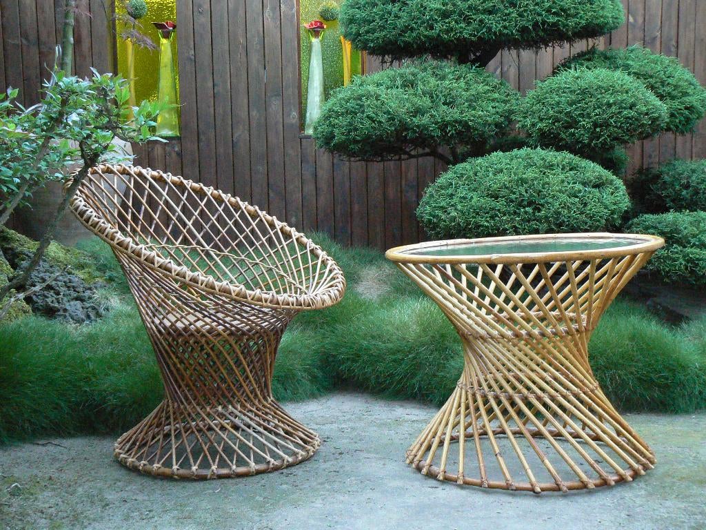 Zeldzame Rotan Rohé Stoel en Tafel (Spica Set) jaren 50/60, Huis en Inrichting, Stoelen, Ophalen, Gebruikt, Vintage Rotan Design