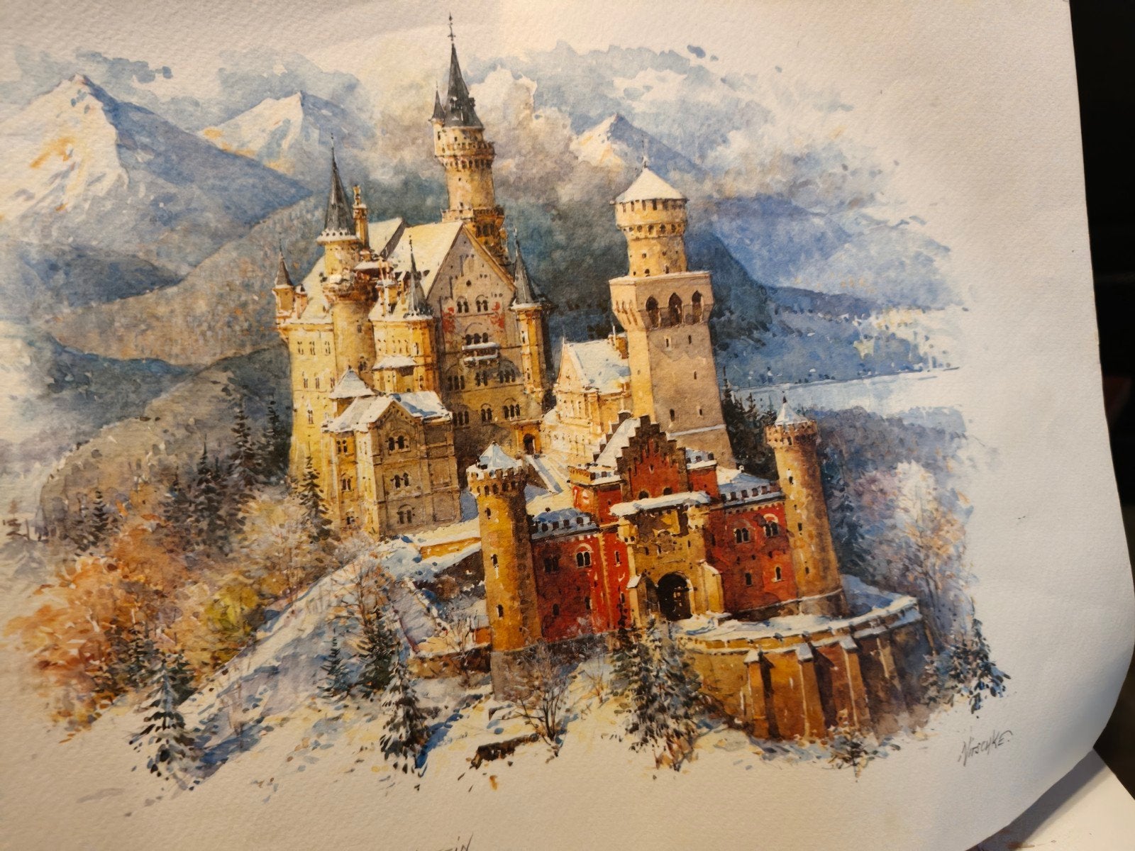 Aquarel Neuschwanstein Kasteel - Winter, Herfst, Lente, Ophalen of Verzenden