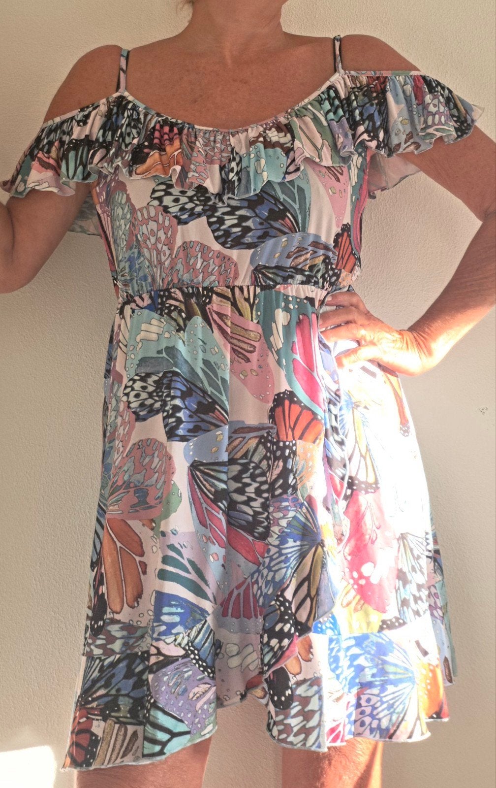Zomerjurk met vlinderprint en ruches - Bodyflirt Boutique, Maat 38/40 (M), Meerkleurig, Ophalen of Verzenden, Zo goed als nieuw