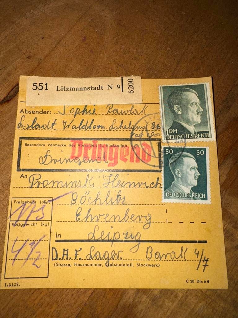 WO2 Litzmannstadt DAF Lager pakketkaart 1943, Ophalen of Verzenden, Duitsland