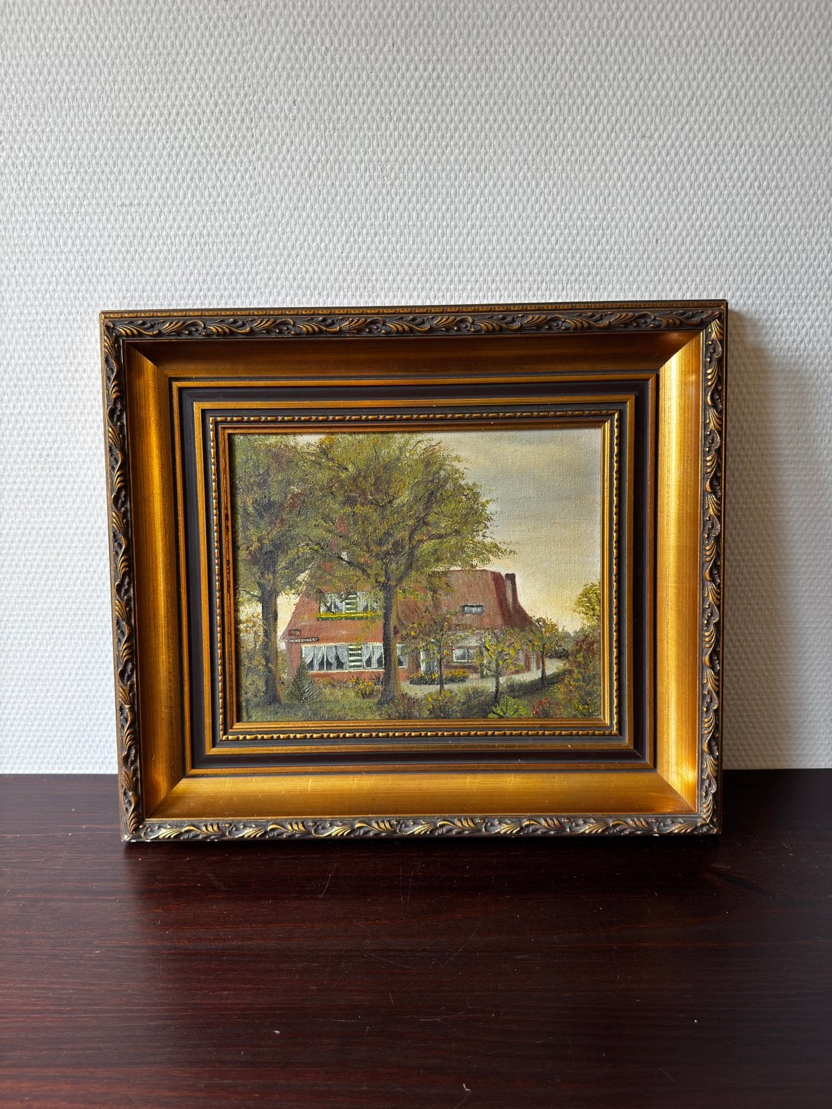 Liz van Hout Schilderij, Olieverf op Doek Boerderij in Lijst, Antiek en Kunst, Doek, Ophalen of Verzenden, Bijzondere lijst, Olieverf