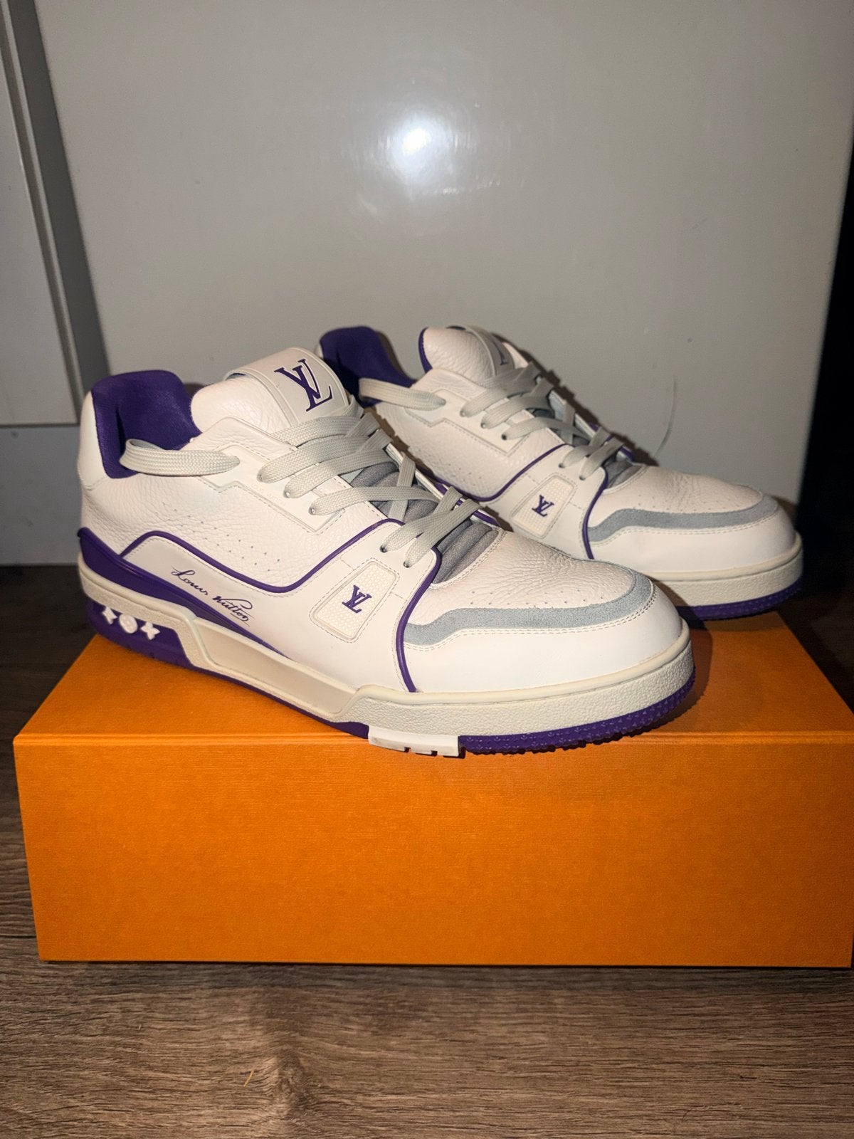 Louis Vuitton LV Trainer Sneakers - Wit/Paars size 9 (43), Verzenden, Zo goed als nieuw, Wit, Sneakers of Gympen
