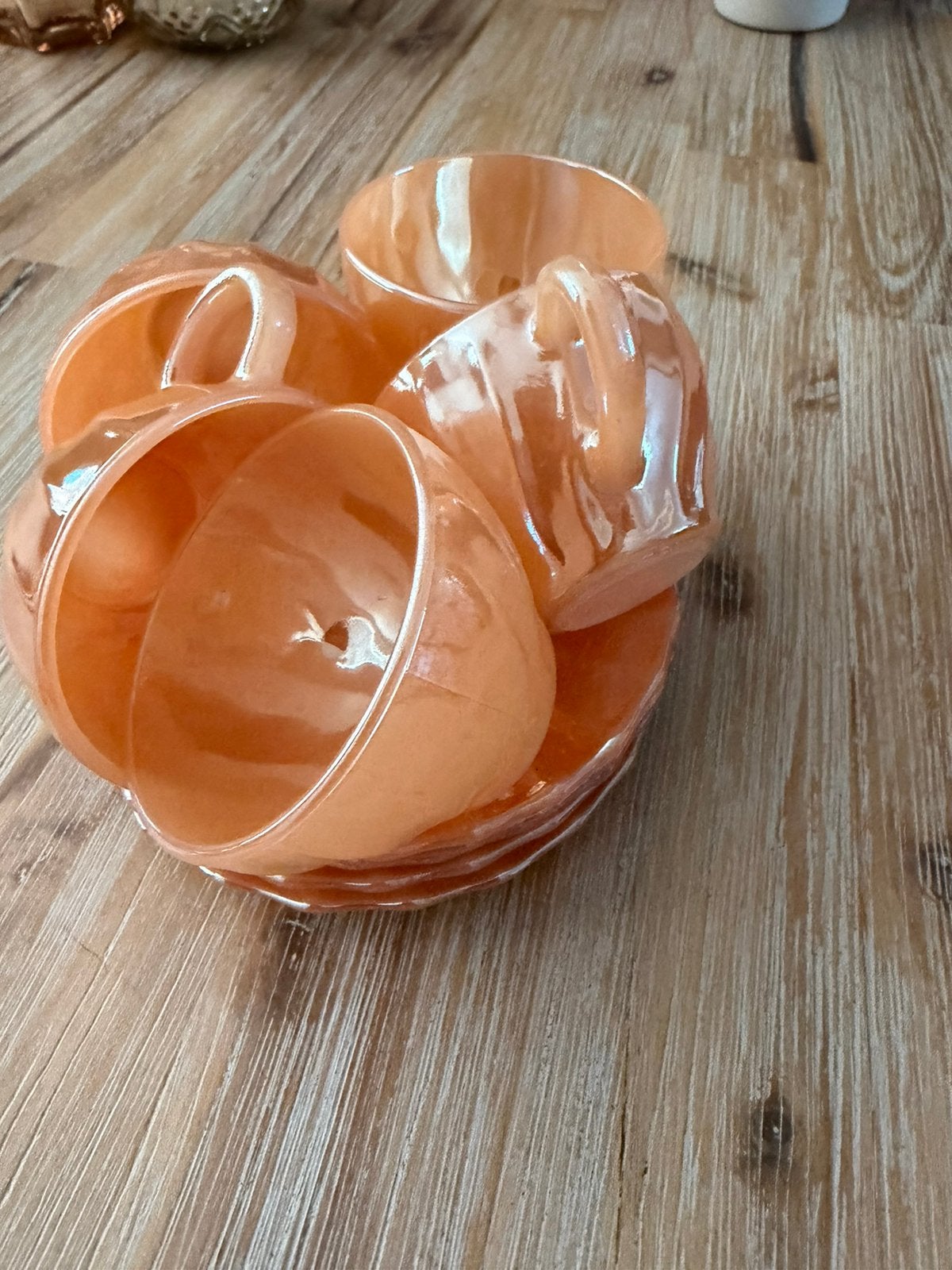Mooie set kop en schotels. Fire-King "Peach Lustre Shell", Antiek en Kunst, Ophalen