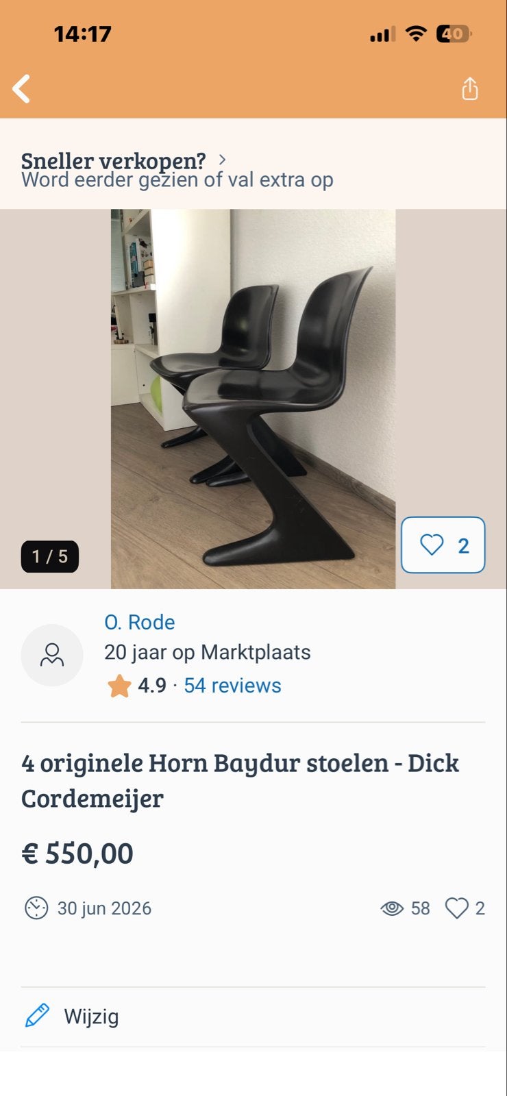 5 originele Horn Baydur stoelen - Dick Cordemeijer, Ophalen