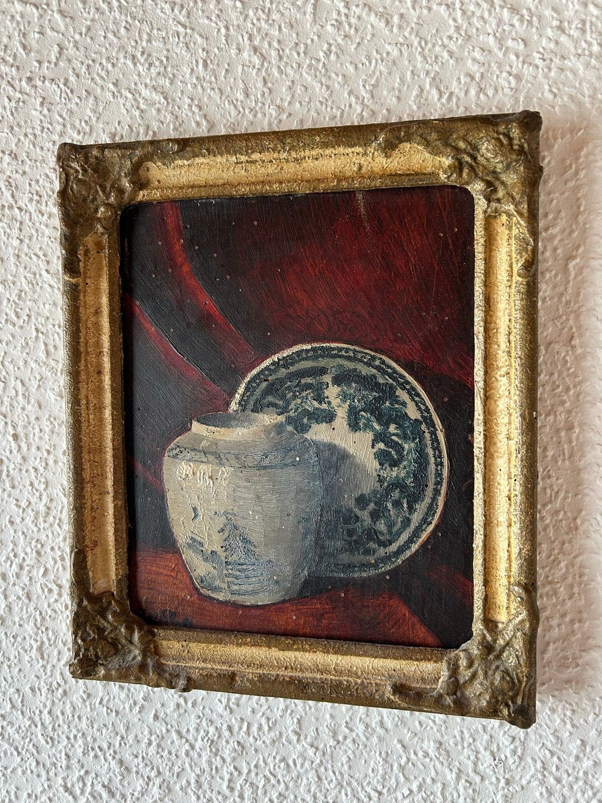 Oud schilderij uit 1884 met vaas en bord, 29x24 cm, Antiek en Kunst, Ophalen of Verzenden