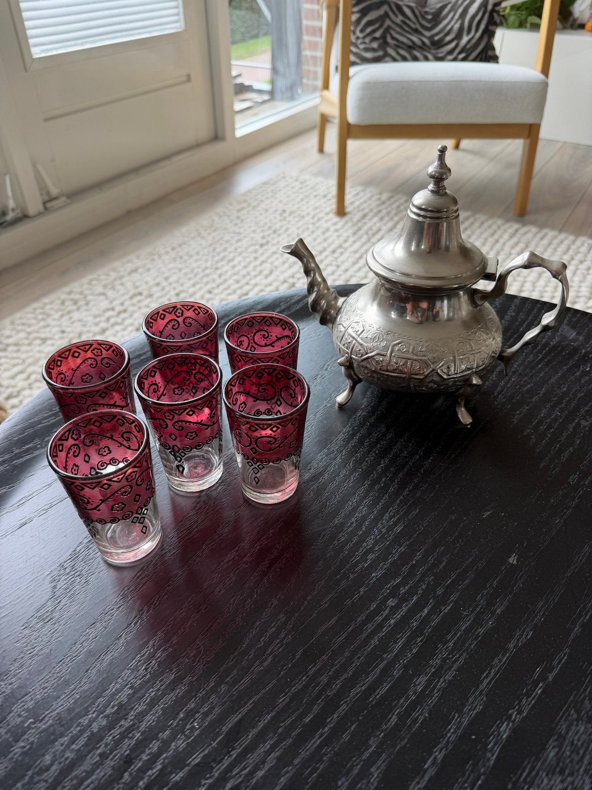 Marokkaanse theepot set met 6 theeglazen, Ophalen of Verzenden, Zilver