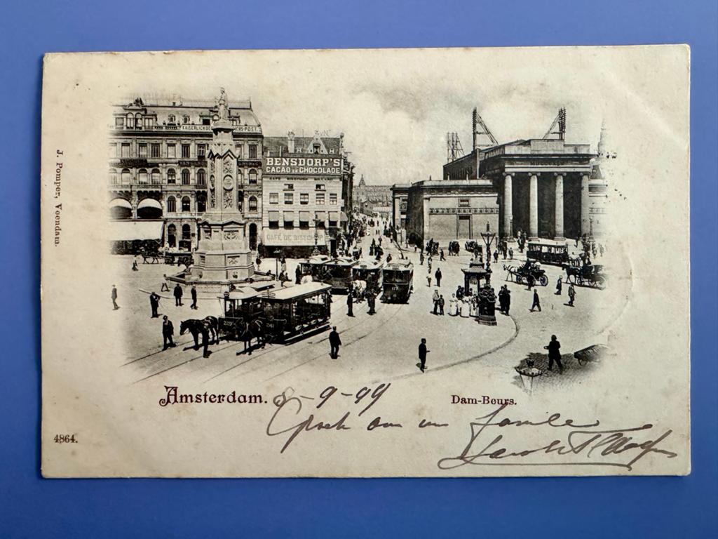 Antieke briefkaart Amsterdam Dam-Beurs, 1899, Ophalen of Verzenden, Voor 1920, Gelopen, Noord-Holland