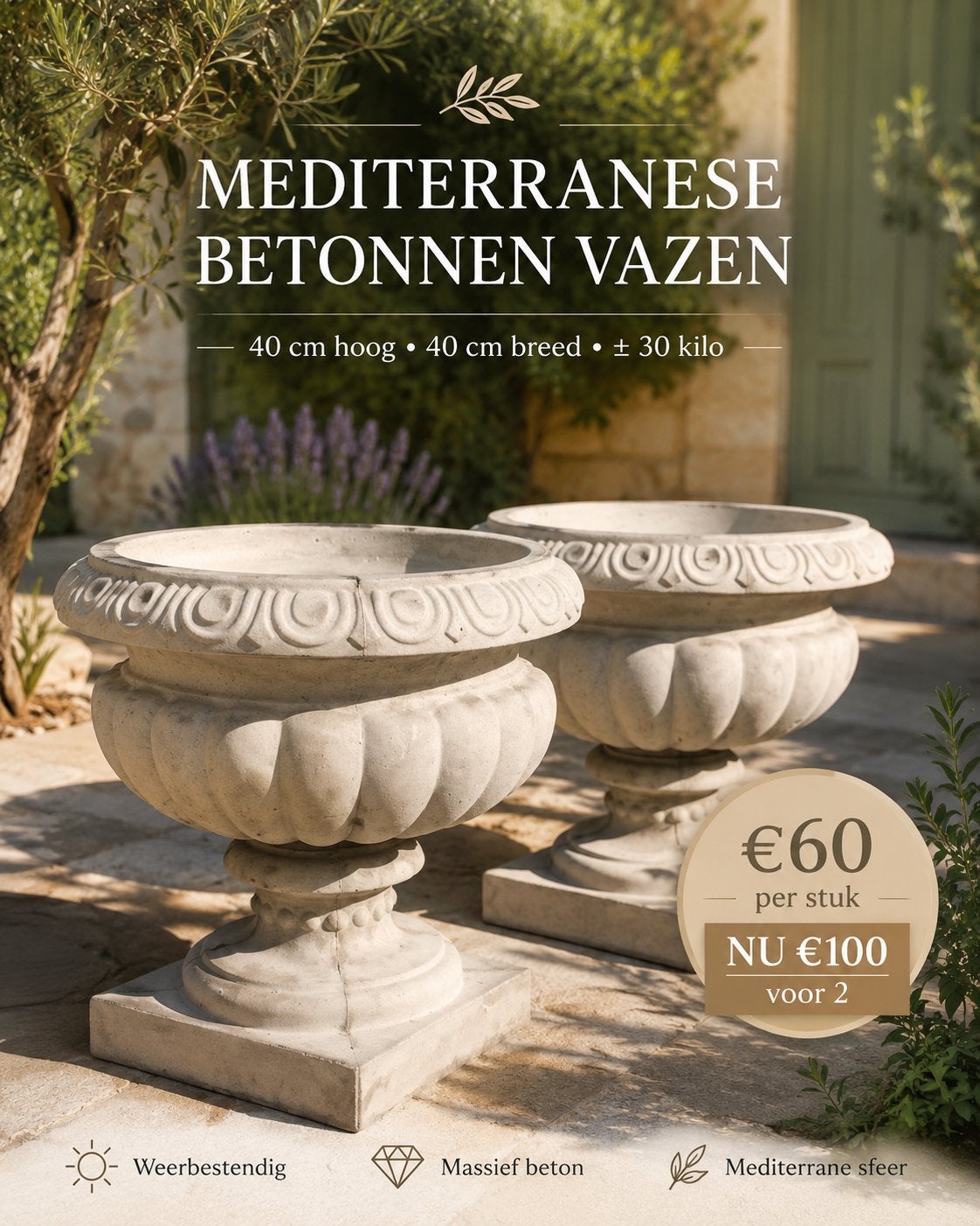 Actie! Mediterraans betonnen bloempotten 40x40cm 2 voor €100, Tuin en Terras, Bloempotten, Ophalen, 40 cm of meer, Rond, Nieuw
