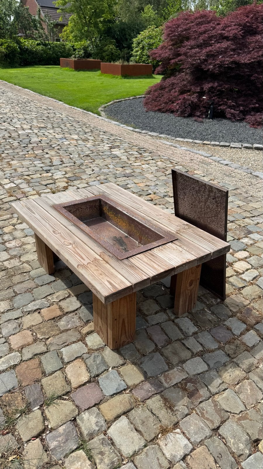 Robuuste Douglas Houten Vuurtafel met Stalen Bak, Ophalen of Verzenden, Zo goed als nieuw, Vuurkorf