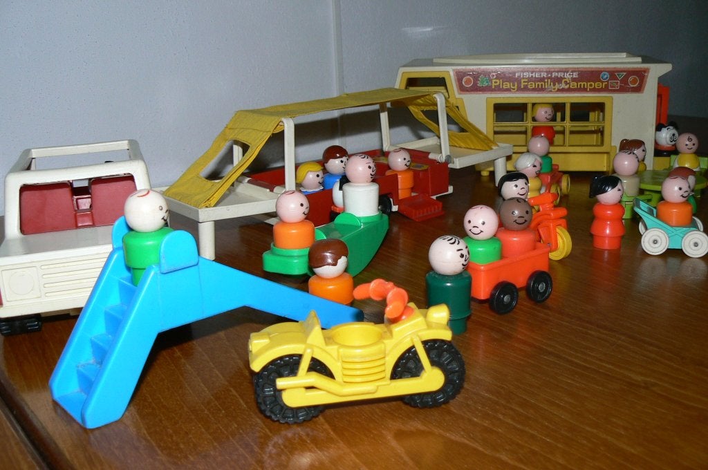 Vintage Fisher Price campingset camper & auto met caravan, Ophalen of Verzenden, Gebruikt, Auto of Voertuig, Met geluid