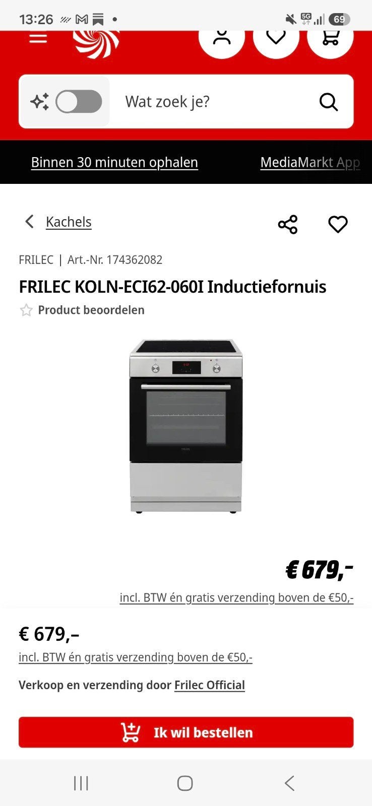 inductie fornuis, zo goed als nieuw, met perilexstekker, Witgoed en Apparatuur, Ophalen, 60 cm of meer, Nieuw, 4 kookzones