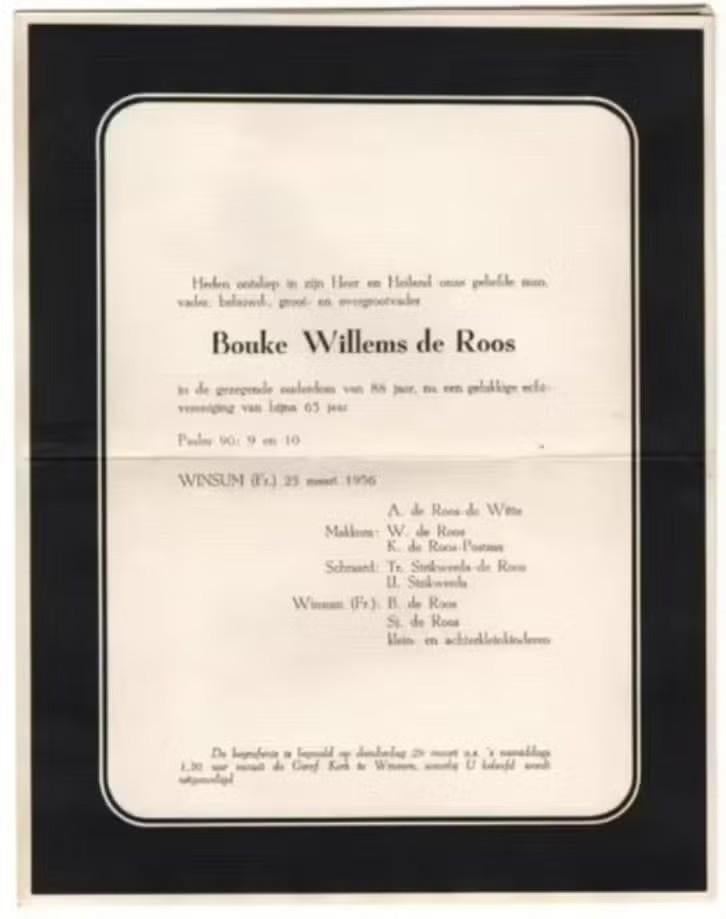 Rouwbrief Winsum De Roos De Witte Strikwerda 1956., Ophalen of Verzenden, Rouwkaart