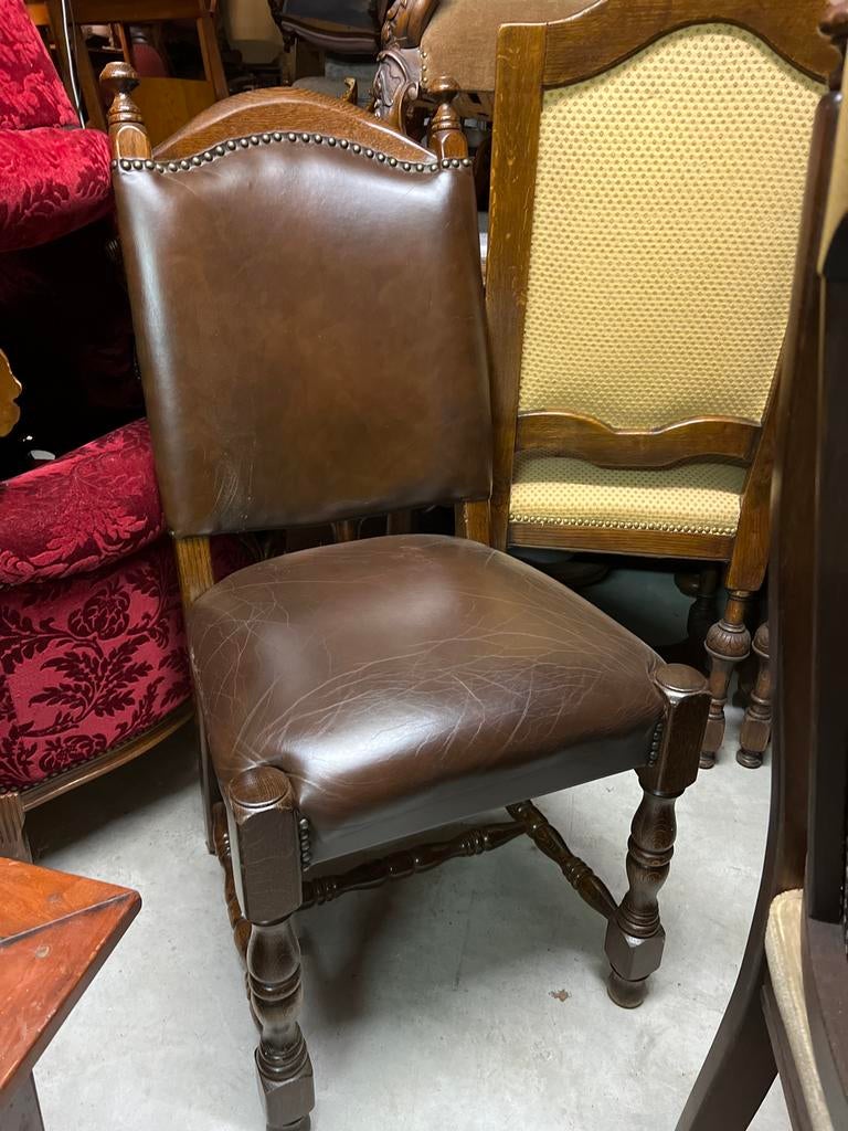 4 Eiken Lederen Eetkamerstoelen - Klassiek en Robuust, Ophalen, Gebruikt, Bruin, Vier