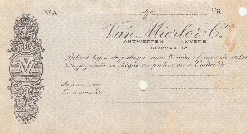 CHEQUE VAN MIERLO & CO ANTWERPEN BELGIE, Verzamelen, Overige Verzamelen, Gebruikt, Ophalen of Verzenden