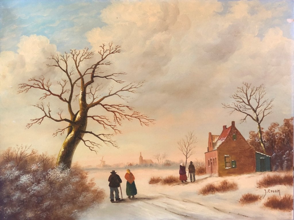 J. Croon Schilderij 'Dorpsweg in de sneeuw', Antiek en Kunst, Ophalen of Verzenden