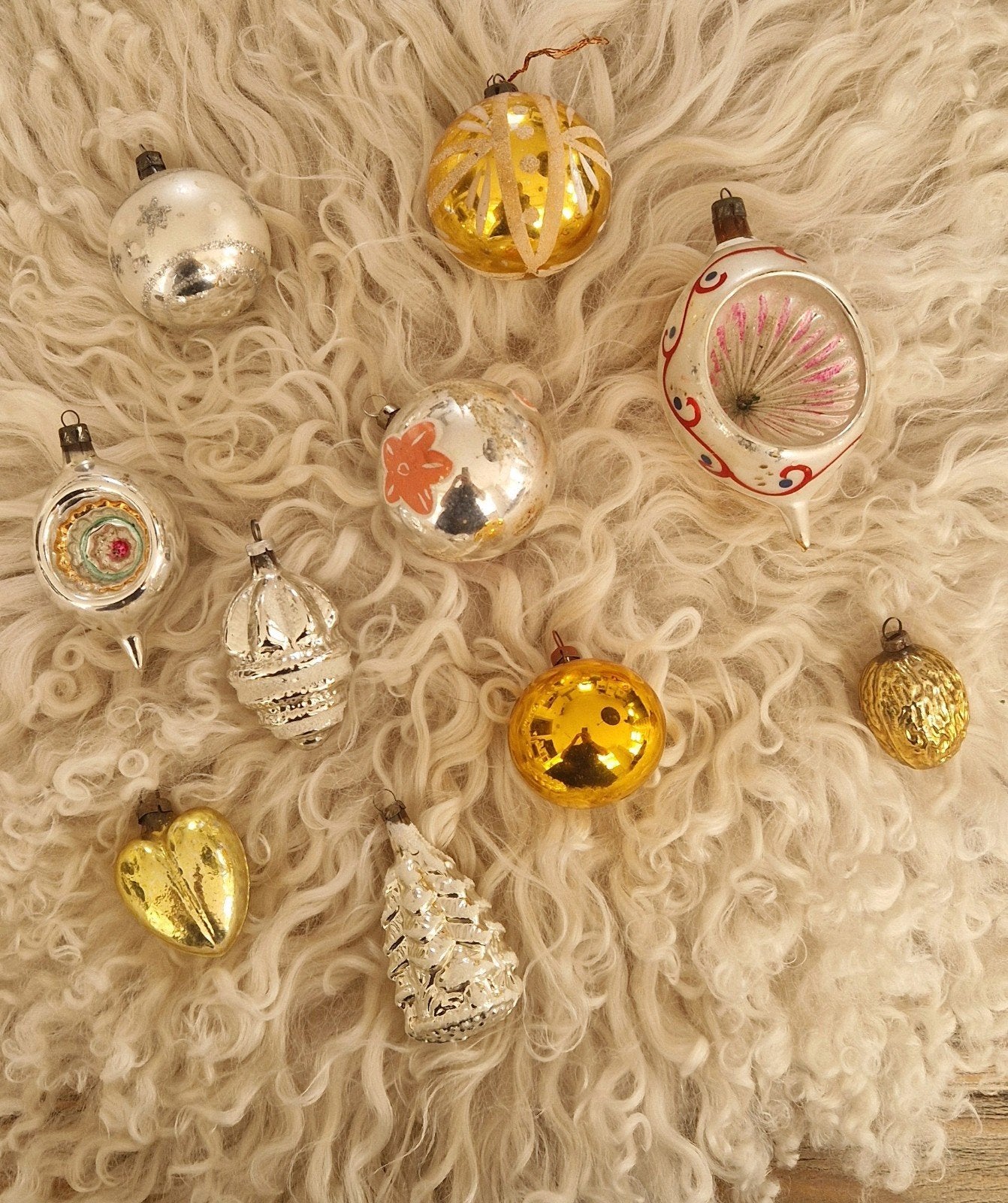 lotje oude kerstballen~geel/goud~zilver~roze, Ophalen of Verzenden, Gebruikt