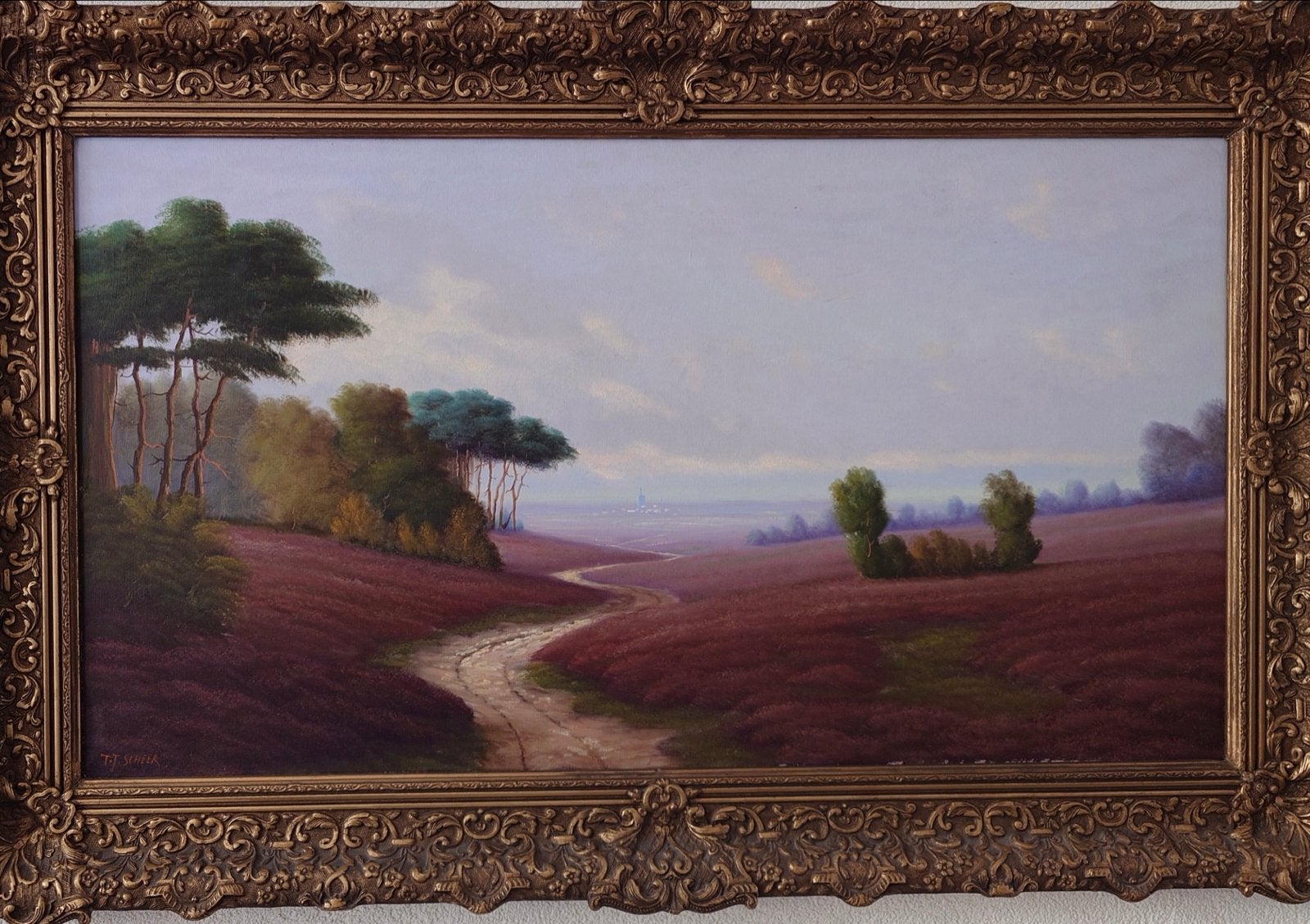 Schilderij T.J. Scheer - Heide landschap met gouden lijst, Ophalen, Doek, Realistisch, Gesigneerd