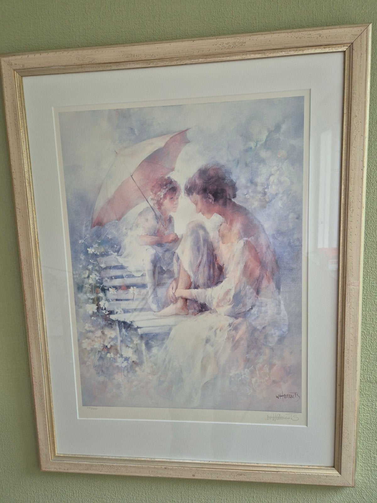 Prachtige ingelijste print van W. Haenraets - Moeder en Kind, Figuren, Papier/karton, Gelimiteerde oplage, Ophalen of Verzenden
