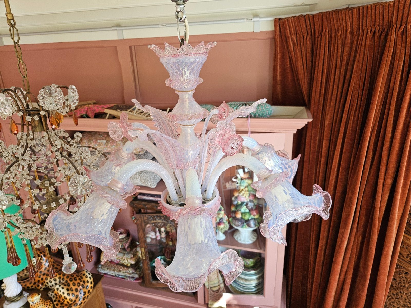 Antieke Murano glazen kroonluchter - roze/wit, Ophalen of Verzenden