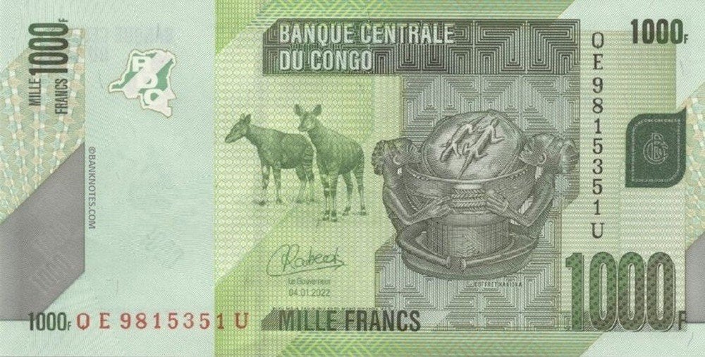 Congo bankbiljet 1000 Francs 2022 Okapi, Kanioka box UNC, Ophalen of Verzenden, Overige landen, Los biljet
