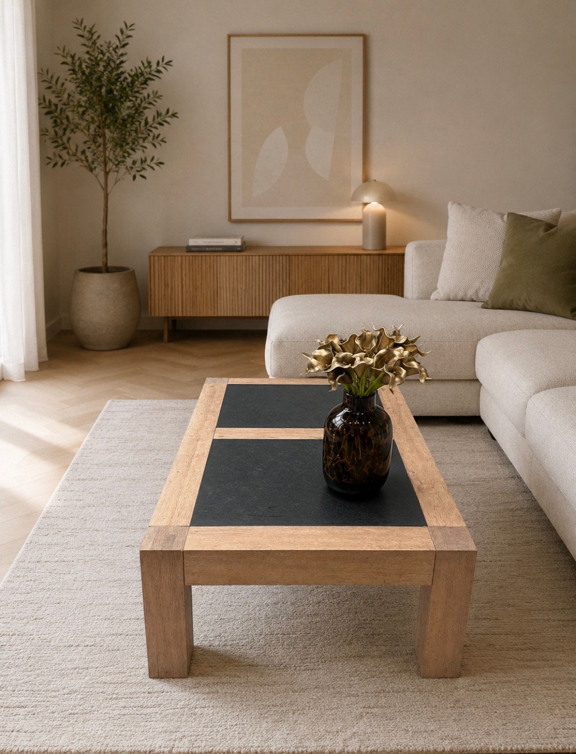 JAPANDI STIJL HARDSTEEN/ MASSIEF EIKEN HOUT SALONTAFEL, Ophalen, 50 tot 100 cm, 150 tot 200 cm, Zo goed als nieuw