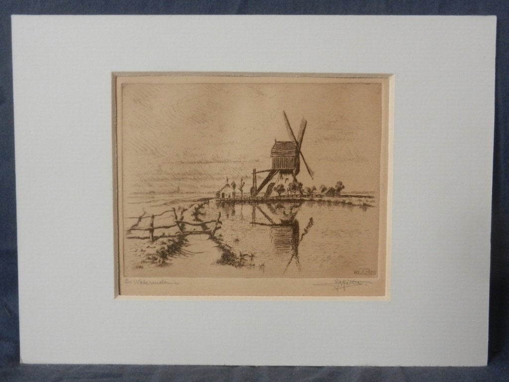 Ets Watermolen bij vaart JL(A) Hoestra? 1925 10,3x13,6 cm, 10 cm, Ets, Ophalen of Verzenden, 14 cm