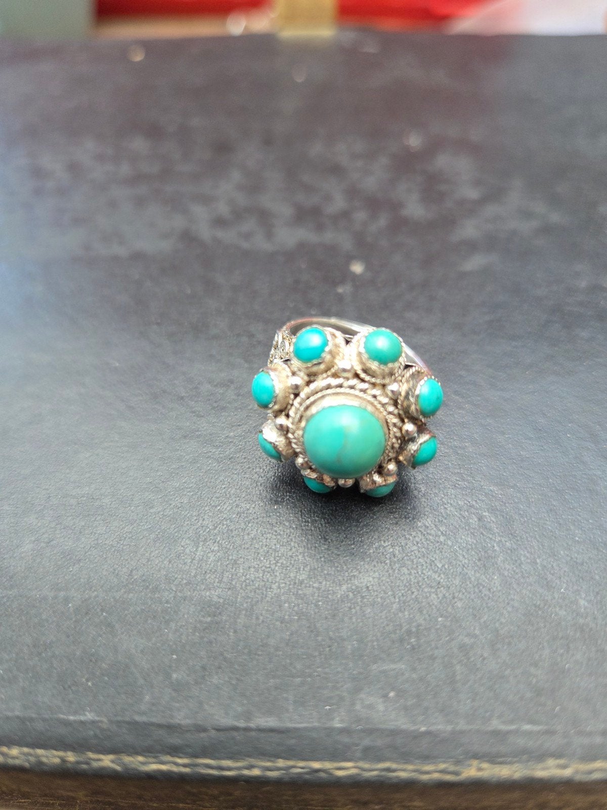 vintage zilveren clusterringnturkoois filigraan bloemmotief, Ophalen, Zo goed als nieuw, 17 tot 18, Zilver