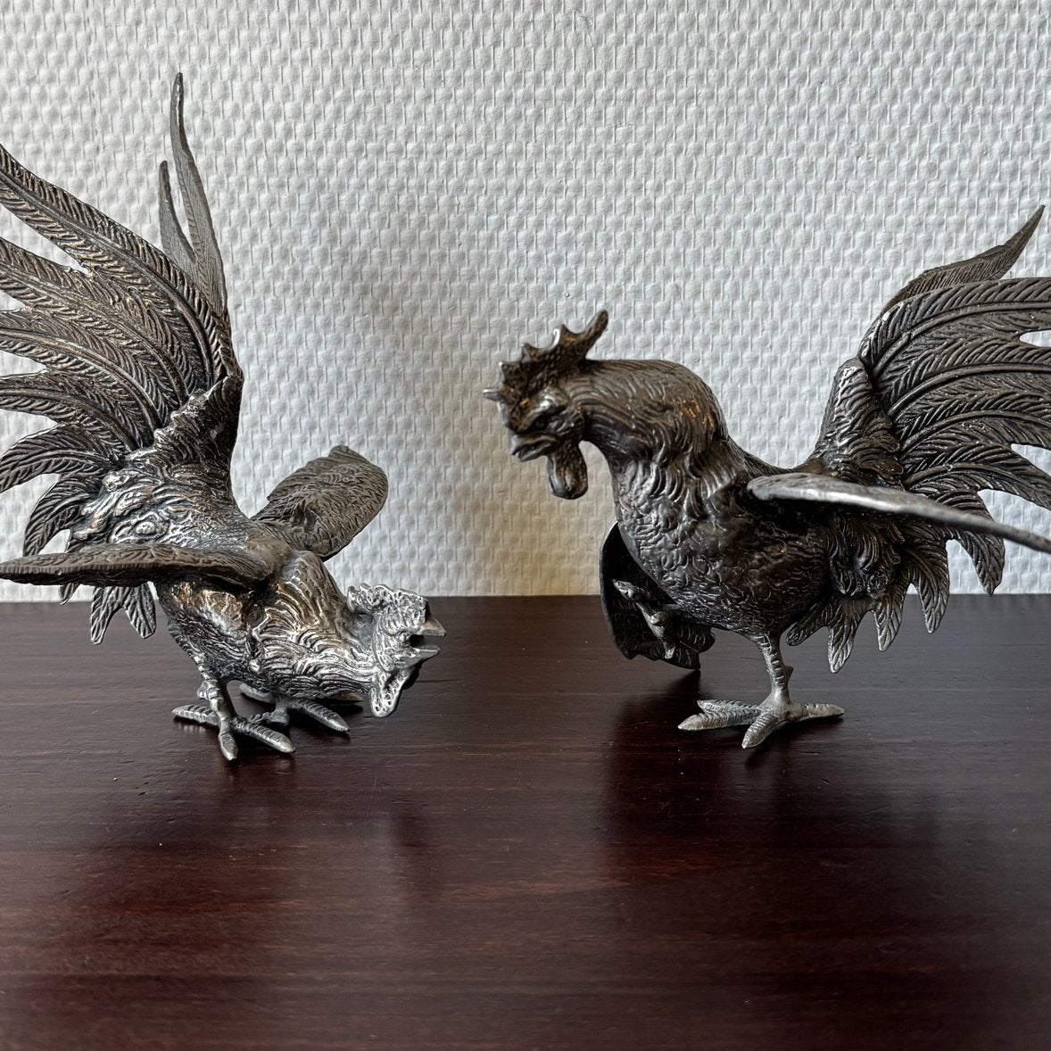2x Vintage Verzilverde Kemphanen, Vechtende Hanen, Italy, Ophalen of Verzenden