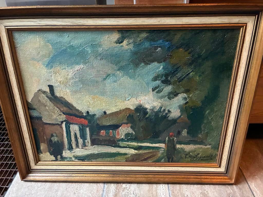 Piet van Wijngaerdt  schilderij: Dorpsgezicht met figuren, Antiek en Kunst, Kunst | Schilderijen | Klassiek, Ophalen
