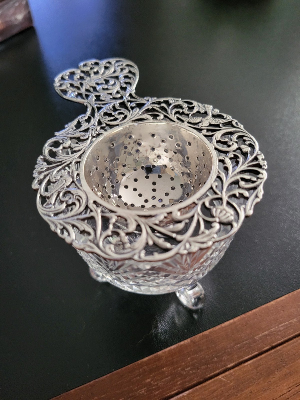 zilveren theezeefje met kristallen lekschaaltje, Antiek en Kunst, Ophalen of Verzenden