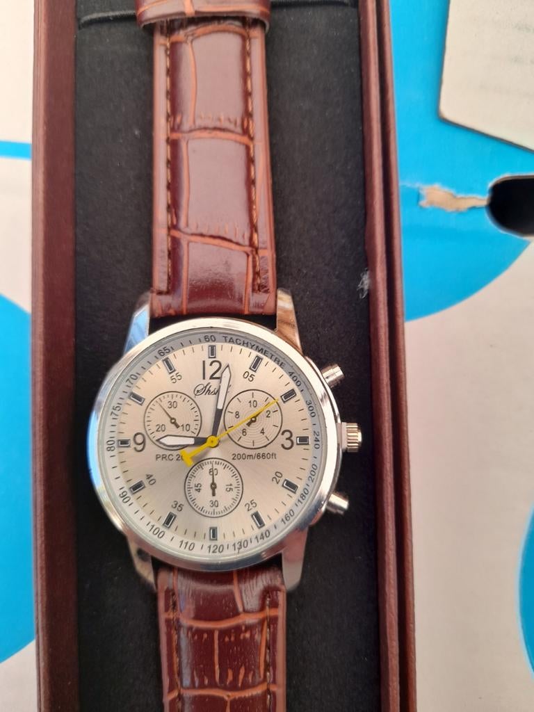 Chrono horloge - Zilver met bruine leren band, Sieraden, Tassen en Uiterlijk, Horloges | Heren, Ophalen, Nieuw, Leer, Overige merken