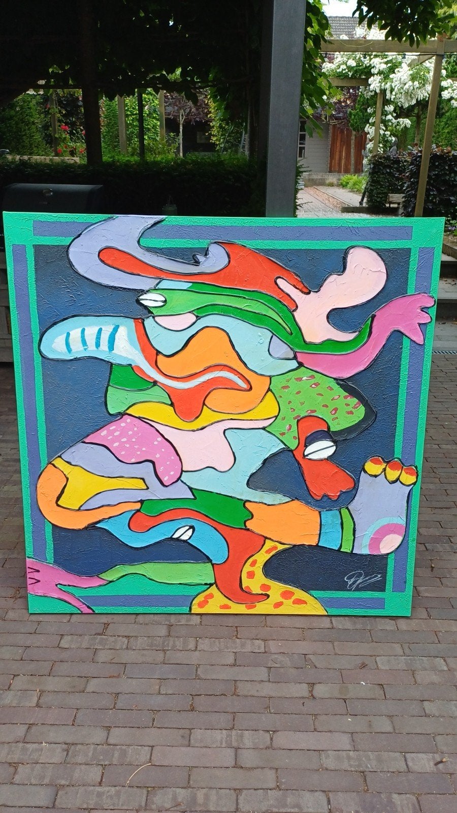 Kleurrijk abstract schilderij in CoBrA-stijl (120x120), Ophalen of Verzenden