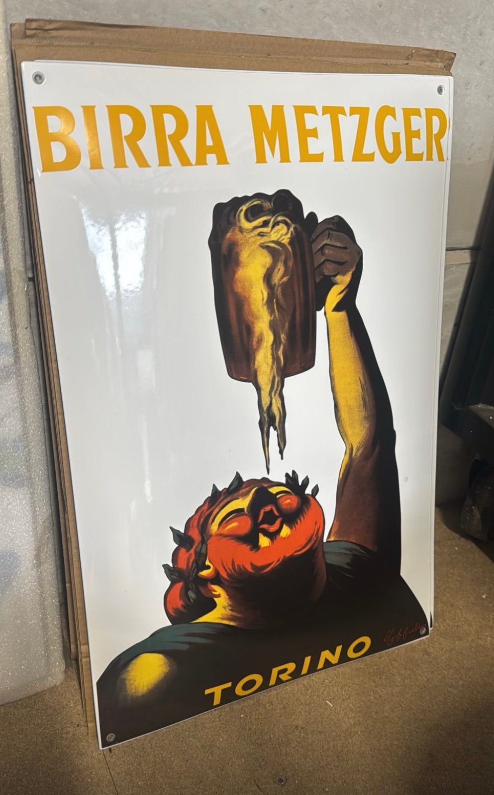 Emaille bord birra METZGER  torino, Verzamelen, Ophalen of Verzenden, Gebruikt, Reclamebord, Plaat of Schild, Overige merken