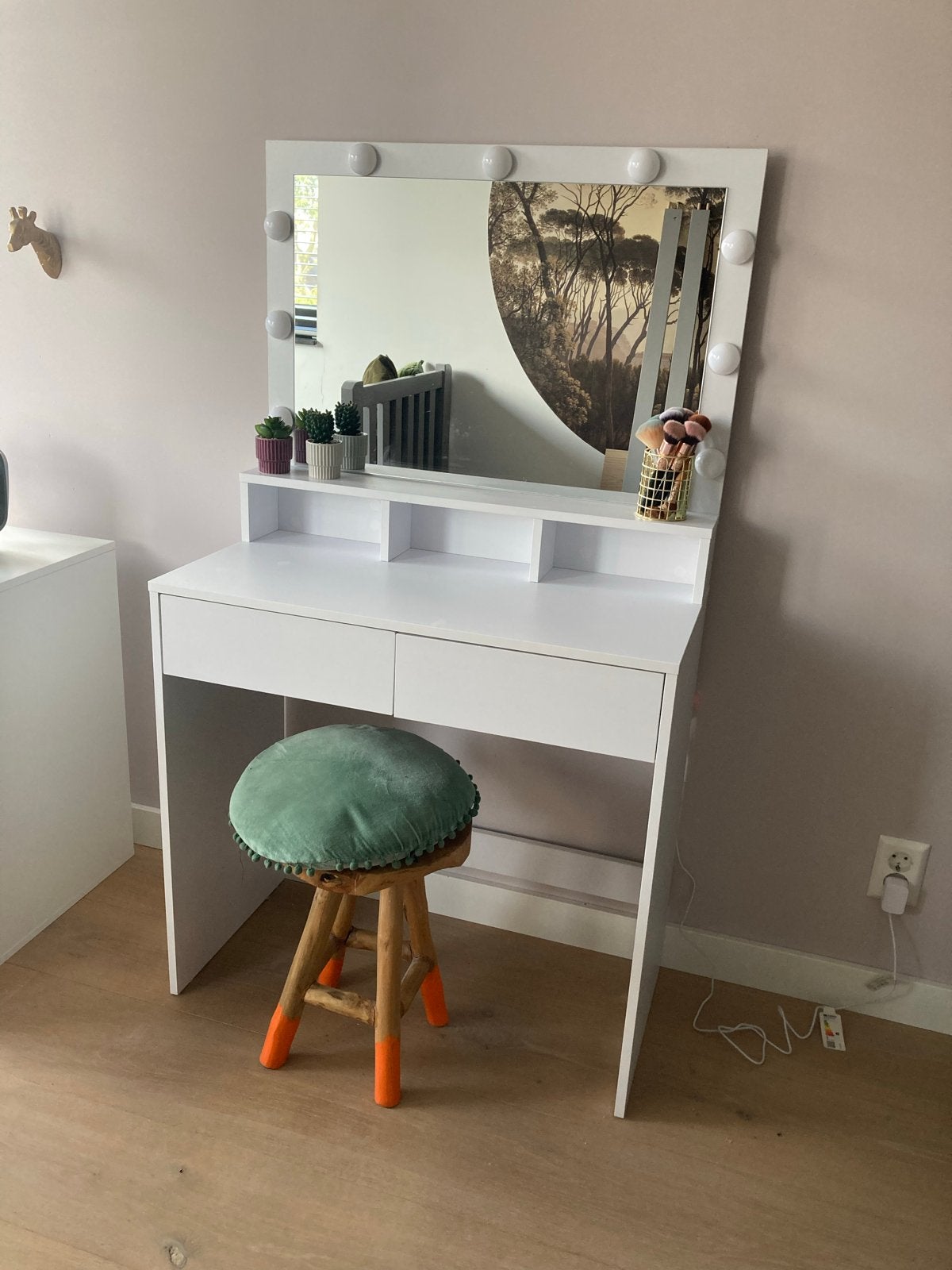 Witte kaptafel met spiegel en verlichting, Ophalen of Verzenden, Zo goed als nieuw, Hout