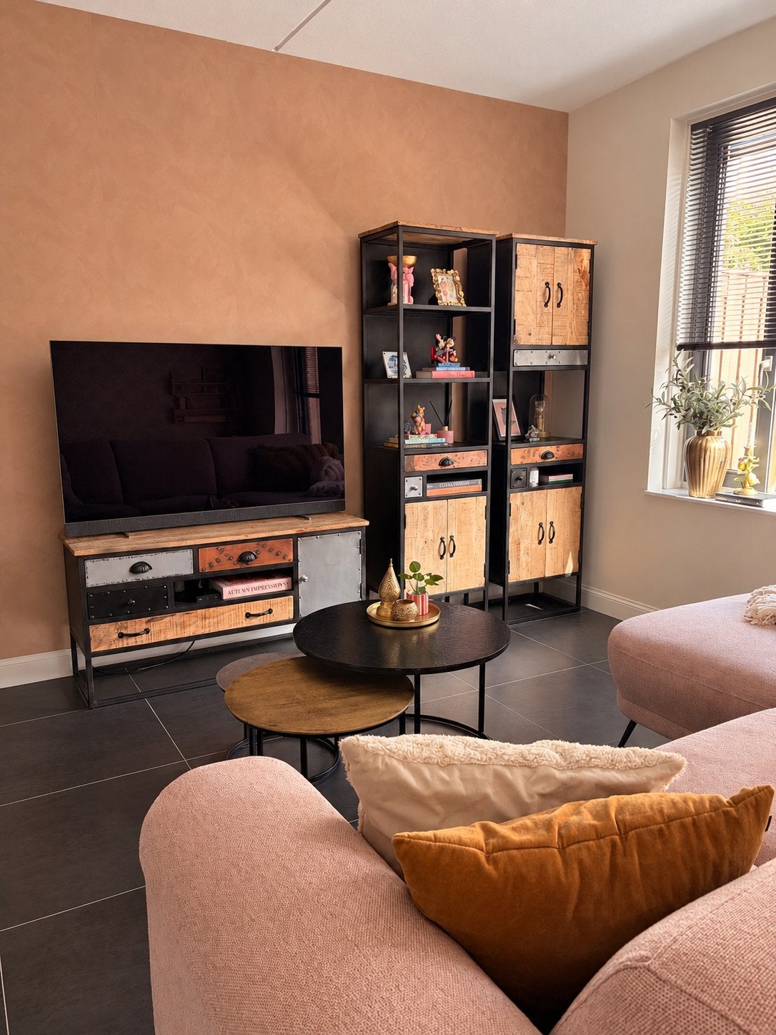 Industriële bamboe en stalen meubelset: kasten, tv-meubel, s, Ophalen, Gebruikt, 200 cm of meer, Metaal