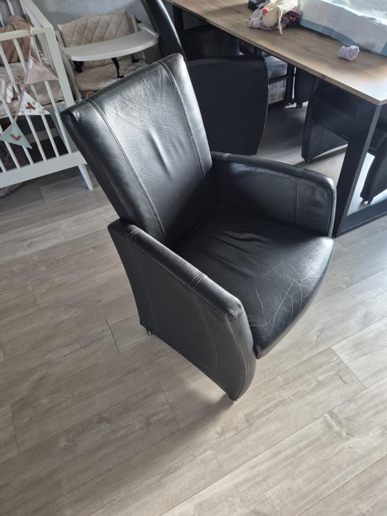 4 echt leren stoelen - Gebruikt, goede staat, Huis en Inrichting, Stoelen, Ophalen, Gebruikt, Zwart, Leer