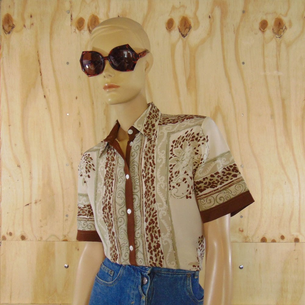 Vintage blouse print beige & bruin maat 38, Maat 38/40 (M), Bruin, Verzenden, Zo goed als nieuw