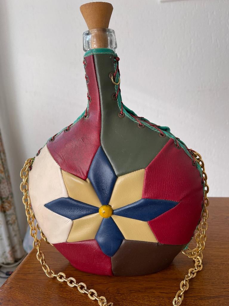 Grote Fles met "Patchwork" Leer/Leder en Stop 'Jaren 70', Verzamelen, Retro, Ophalen of Verzenden, Huis en Inrichting