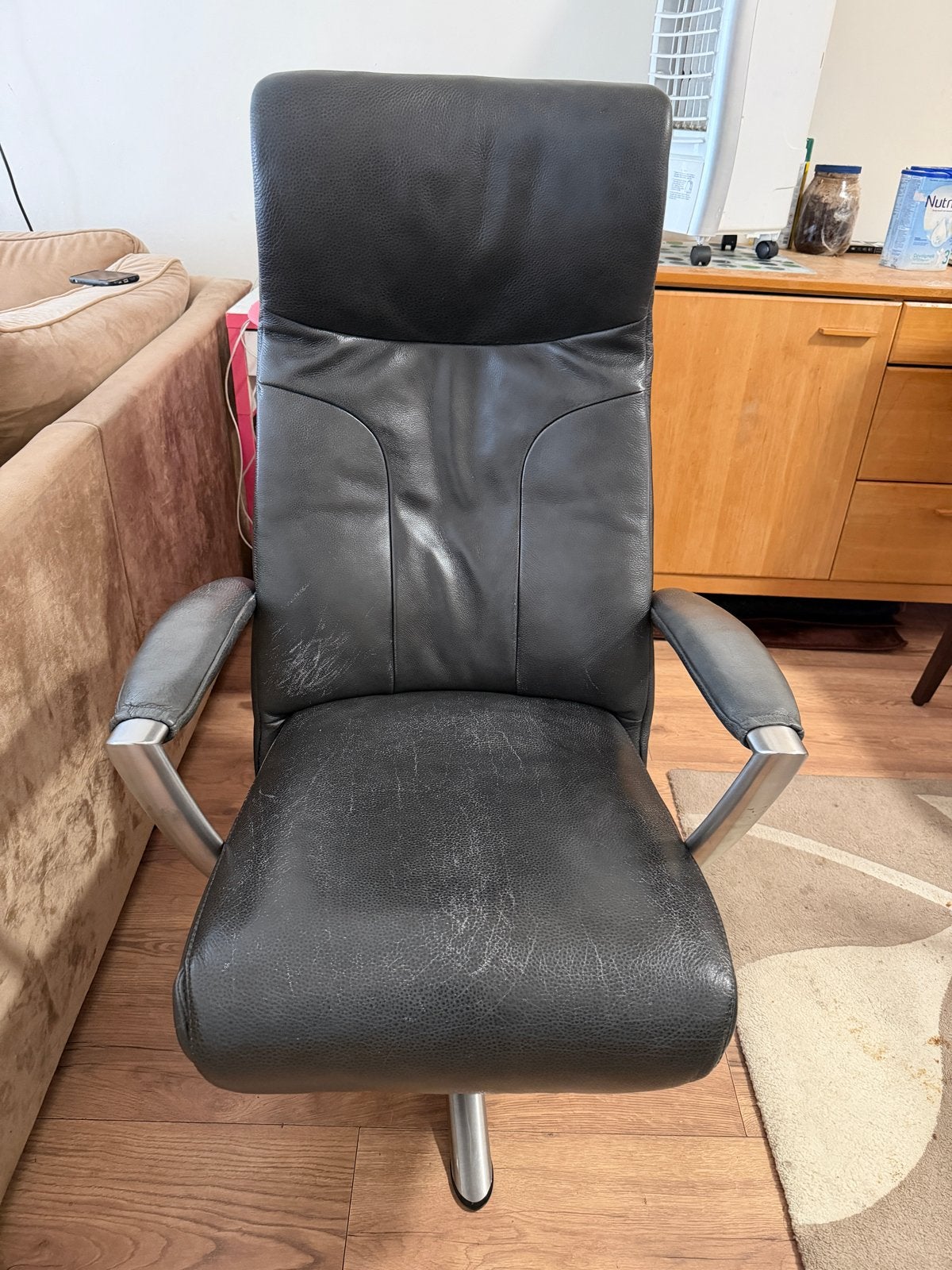 Zwarte Leren Relaxstoel Twice-109 Comfortabel en Ergonomisch, Ophalen, Gebruikt, Zwart, Bureaustoel