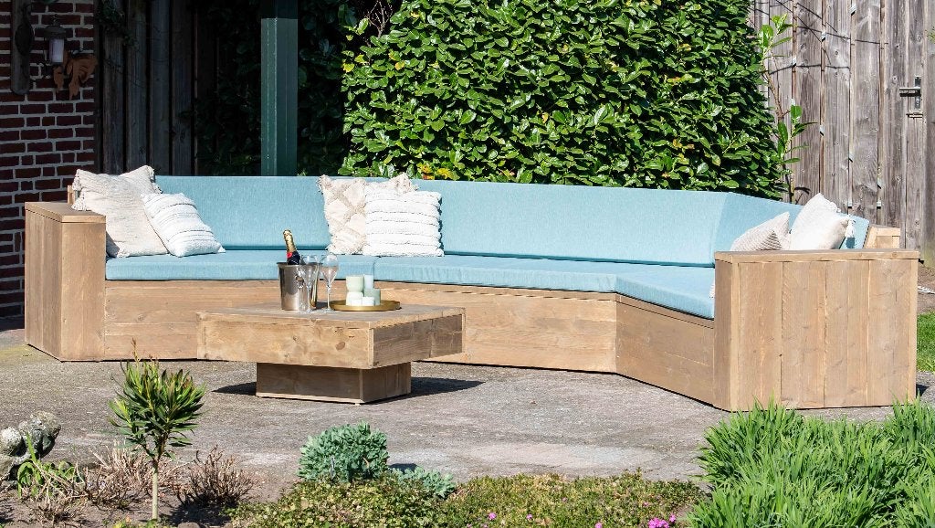 Uitverkoop: Prachtige loungebank met kussens, Bank, 6 zitplaatsen, Steigerhout, Ophalen of Verzenden
