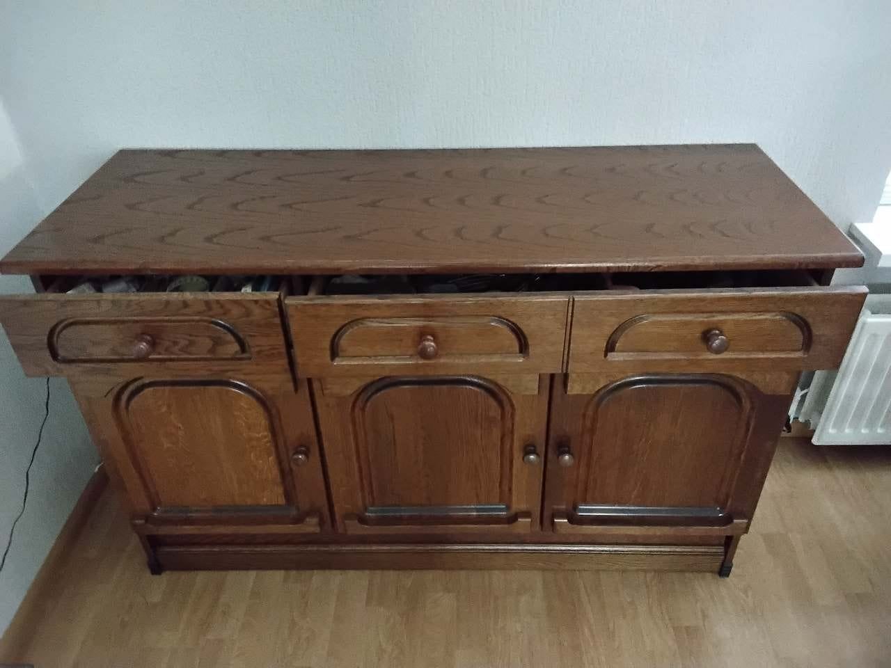 Donker eiken dressoir met los bovenstuk en veel opbergruimte, Ophalen of Verzenden, Gebruikt, Met lade(s)