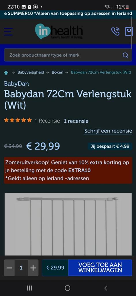 BabyDan verlengstuk 72 cm wit, nieuw in verpakking, Kinderen en Baby's, Traphekjes, Ophalen, Nieuw, Klemhekje, Metaal of IJzer