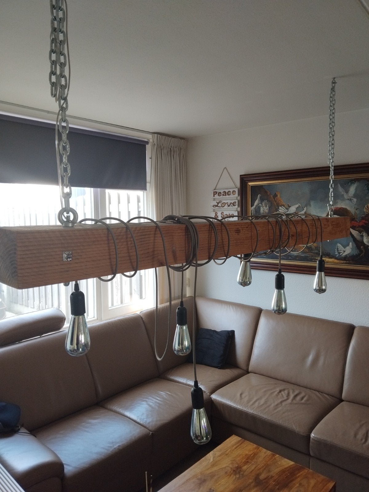 Stoere houten balklamp met Edison gloeilampen, Ophalen, Zo goed als nieuw, Hout, E27 (groot)